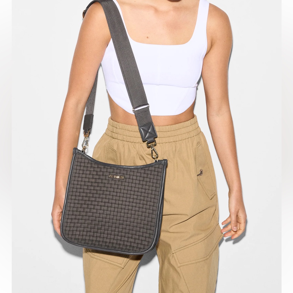 Mz Wallace Brown Woven Crossbody Bag With Wide Gray Strap